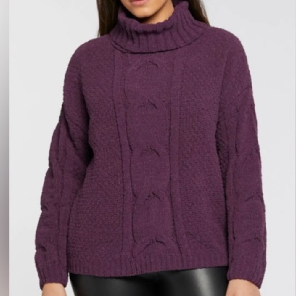 Seven7 Chenille Purple Cable Knit Cowl Neck Sweater | Women's XL